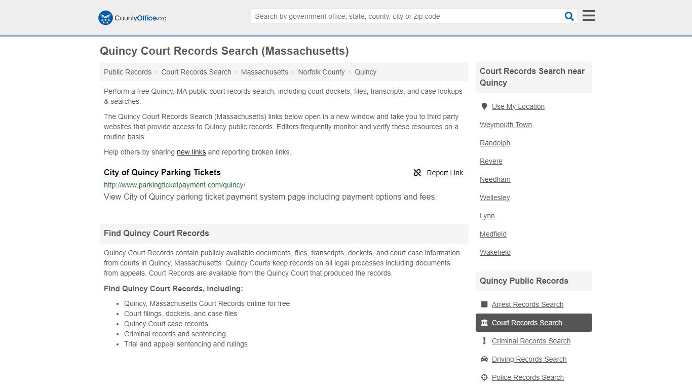 Quincy Court Records Search (Massachusetts) - County Office